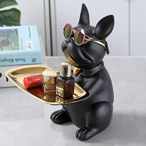 Fransk Bulldogg Statue med Rustfritt Stål Brett, Borddekorasjon