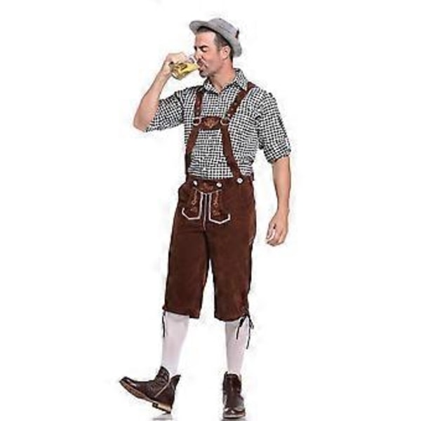 Saksalainen perinteinen miesten Oktoberfest-asu ruutupaita brodeeratut olkaimet puku (XL musta paita ja ruskeat haalarit)