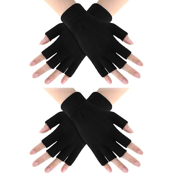 (2 par) Sorte One Size Fingerless Strikkede Handsker Varme Halv Finger Handsker Vinter Strik Kørehandske