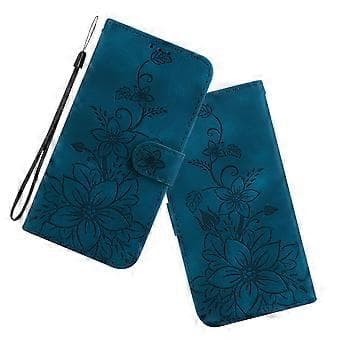 För iPhone 15 Plus präglat liljeblomfodral stötsäkert PU-läder plånboksställskal (stil C)