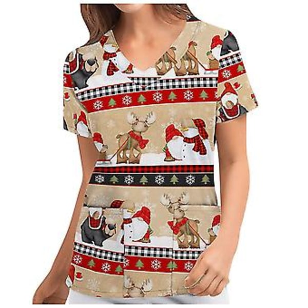 Julskjorta för kvinnor, sjuksköterskeuniform, kortärmad, V-ringad, julblus, topp (S Brun)