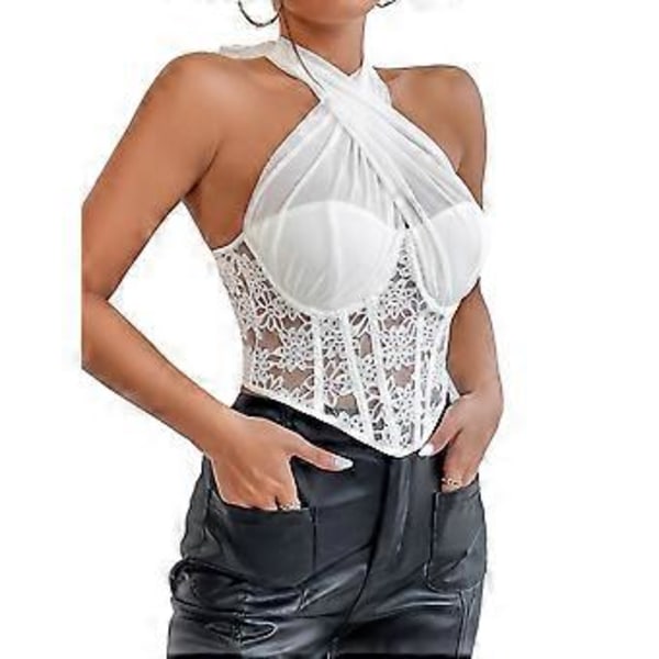 Naisten Seksikäs Pitsi Mesh Korsetti Crop Top Muotoileva Avoselkäinen Korsetti Crop Top (XS valkoinen)