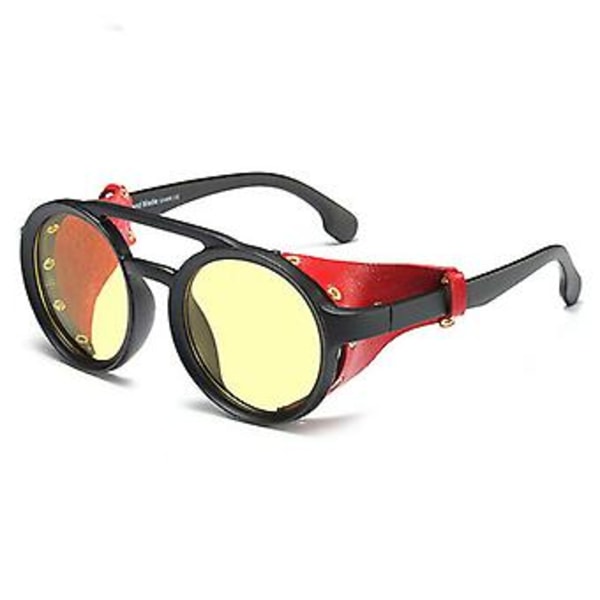 Herre Dame Solbriller Vintage Steampunk Side Shields Læder Runde Retro Shades (Gul)