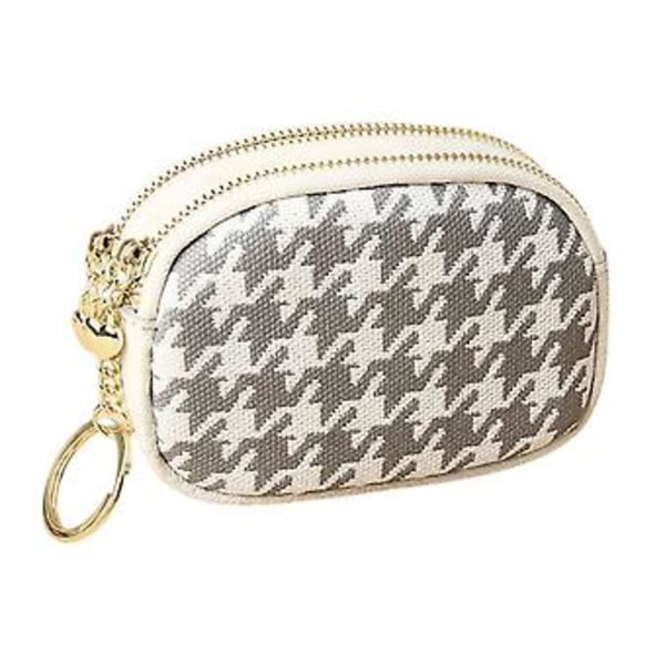 Mini Silm Visitkortsplånbok Trendig Dubbel Dragkedja Houndstooth Mönster Läder Lämplig för Tjejer (Grå)
