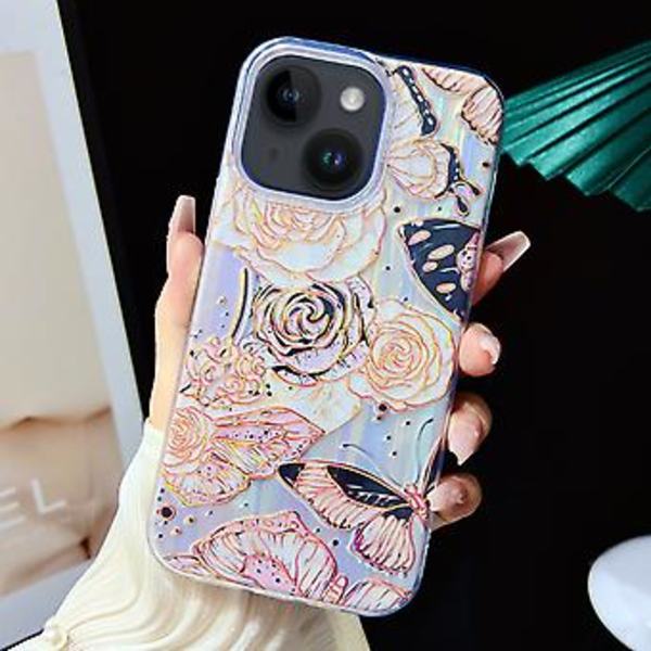 Sähköpinnoitettu TPU + PC -kotelo iPhone 13:lle (Musta Kultaiset Kukat)