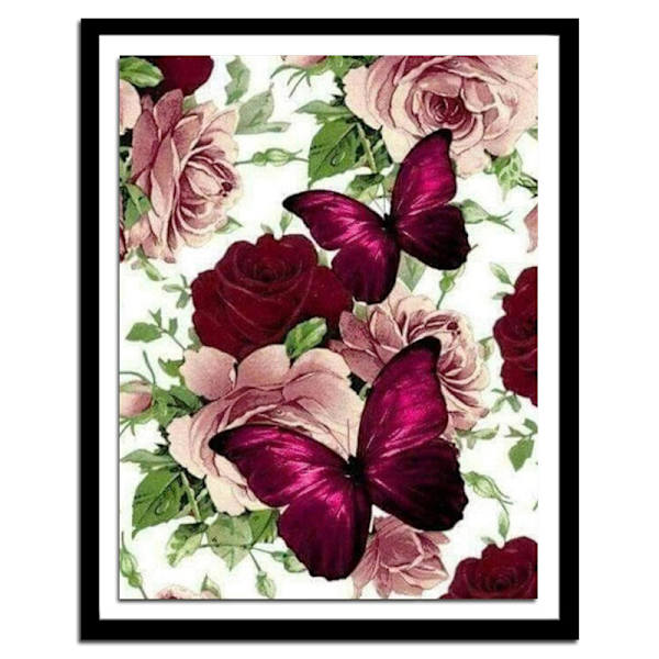 30 x 40 cm, diamantmålning med fjärilsblommor