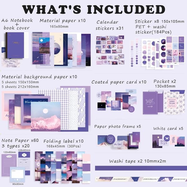 351-delt Scrapbooking-tilbehørssæt, lilla æstetisk Bullet Journal Scrapbook-sæt med A6-gitter N