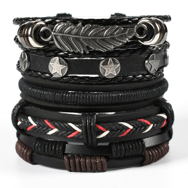 Herr Armband Set Flerskikts Läder Pärlor Justerbar Fläta