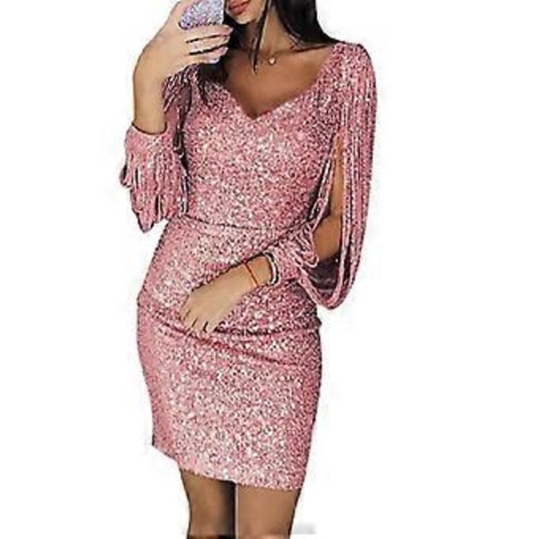 Sexig miniklänning för kvinnor, glittrig långärmad höftklänning, underbar paljettklänning med V-ringning och lång ärm (4XL Rosa)