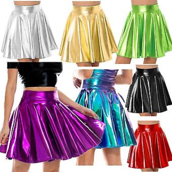 Glanset metallisk wet look stretchy flared mini skater skjørt for kvinner S/M/L/XL, 100% nytt (S)