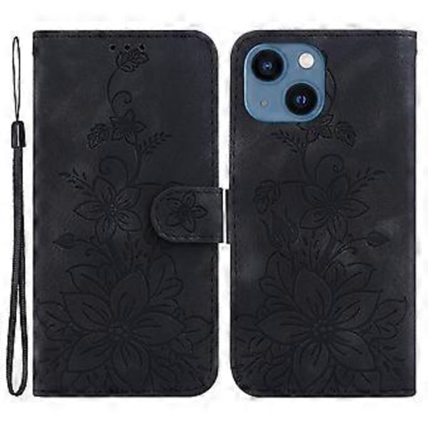 For iPhone 15 Plus Trykt Lily Blomst Etui Stødsikkert PU Læder Tegnebog Stativ Skal (Stil A)