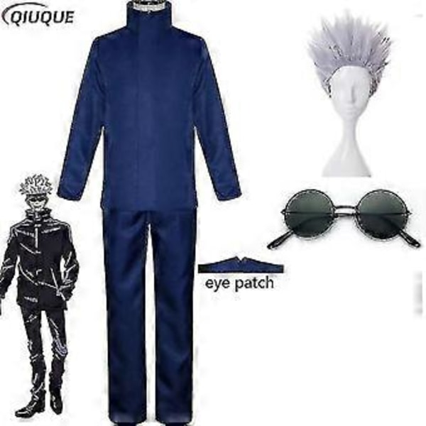 2023-anime Jujutsu Kaisen Gojo Satoru Cosplay-asu - Yläosa, housut, silmälappu, Halloween-juhliin, miesten univormu, peruukki - 1-1 (XXL sininen paketti 6)