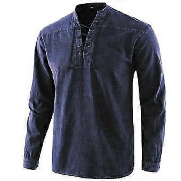 Herre Vintage Stil Skjorte Ensfarget Langermet Casual Snøring Bluse Topper -NMAOV(4XL Marineblå)