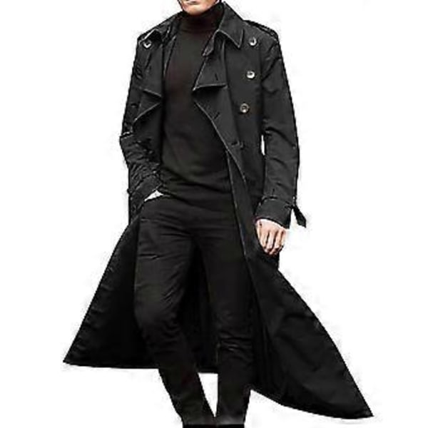 Lang Trenchcoat for menn med revers, Overfrakk, Casual Jakke, Enkelt Ytterslitasje, Topper Z Z (XL svart)