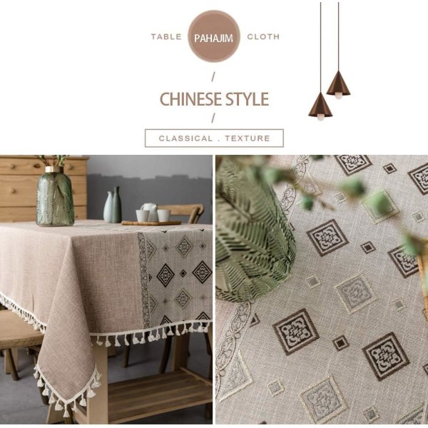 Brun - Rektangulär fläckbeständig duk Broderad linneduk i c