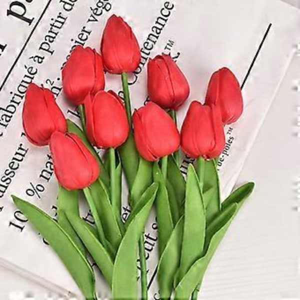 10 stk. tulipan simulering blomst bryllup hjem hotell dekorasjon falsk blomst simulering plante (rød)