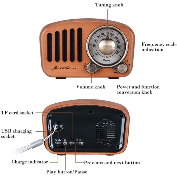 Bärbar radio Bluetooth högtalare Handgjorda Retro träblå