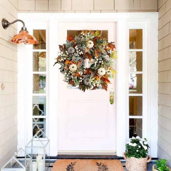 35CM Autumn Wreath Front Door, Fall Wreath Rattan Frame with Pump