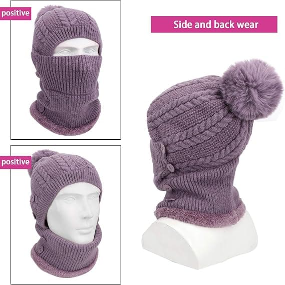 Vinter Varma Stickade Mössa & Halsvärmare Set, Flexibel Stickad Mössa