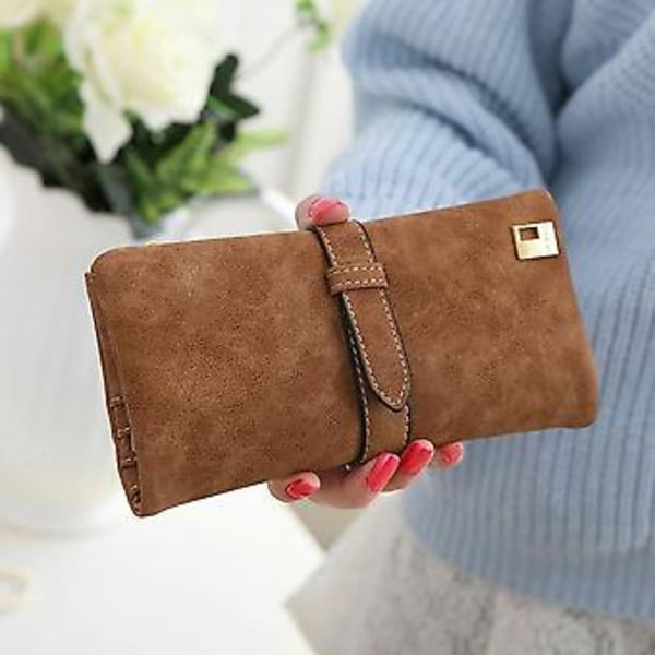 Dam Suede Läder Clutch Plånbok Långt Kortfodral Handväska (Brun)