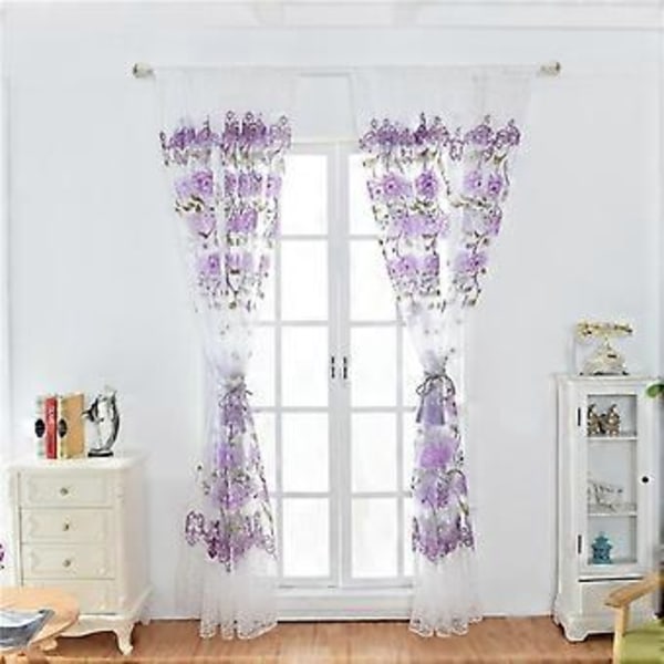 Läpikuultavat verhopaneelit Tylli Offset-painettu Pioni Kuvio Varjostusverho olohuoneeseen (1 kpl) (Violetti-100x200cm)