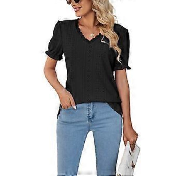 Kortærmede skjorter Ensfarvede blonde toppe Biskopærmer Toppe Udhulet Pullover Strikkede skjorter Elegante fritidstoppe Sort L(L Sort)
