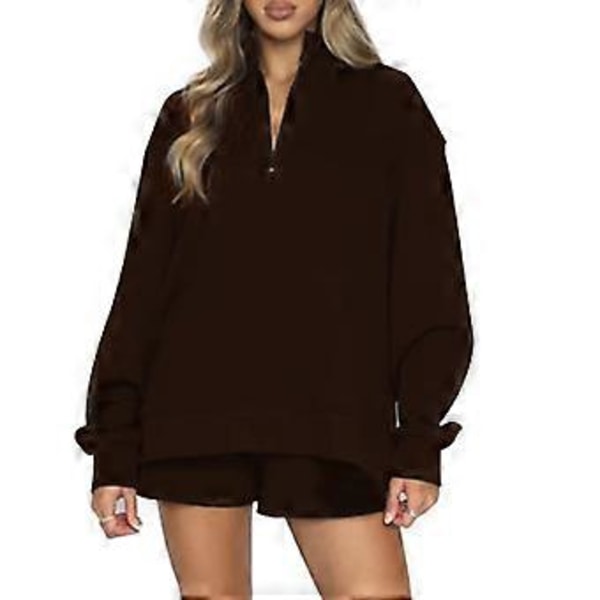 Naisten Oversized 2-osainen oleskelusetti, pitkähihainen vetoketjullinen pystykaulus huppari, collegepaita ja shortsit, asusetti, verryttelypuku Ruskea XL (XL Ruskea)