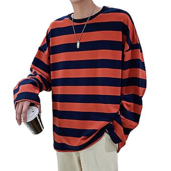 Miesten raidallinen pusero pyöreällä kauluksella, pitkähihainen, rento, muodikas yläosa nuorille miehille, asusteet (2XL oranssi)