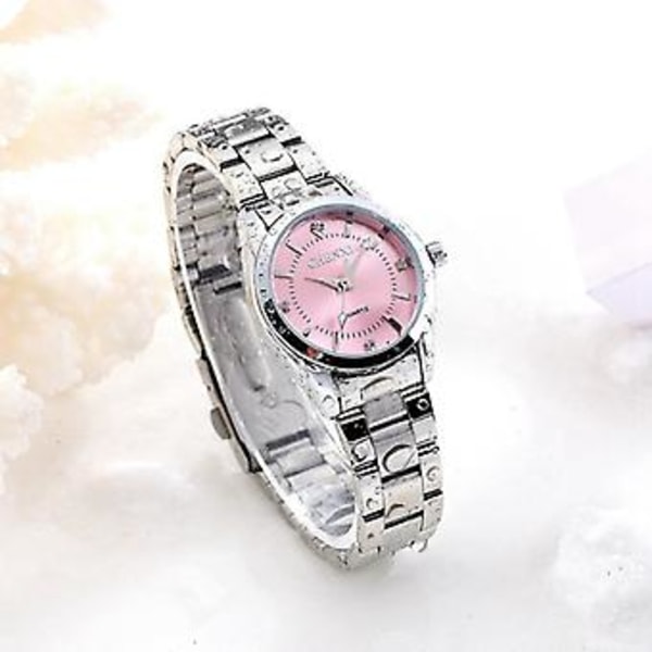 Dameur med pink urskive, vandtæt stållænke, analogt quartz ur (Pink)