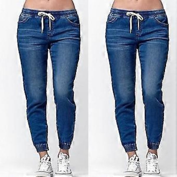 Dame Casual Elastisk Midje Jeans Bukser Joggebukser Denim Joggebukser (S Mørk Blå)