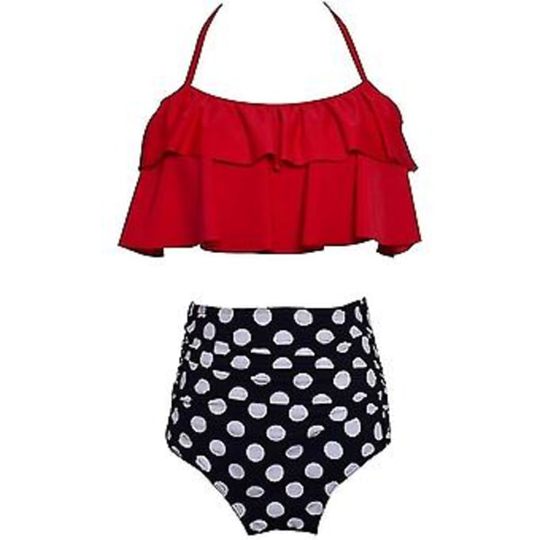 Flickbaddräkt Tvådelad Bikini Set Volang Falbala Badkläder Baddräkter-e( Röd)