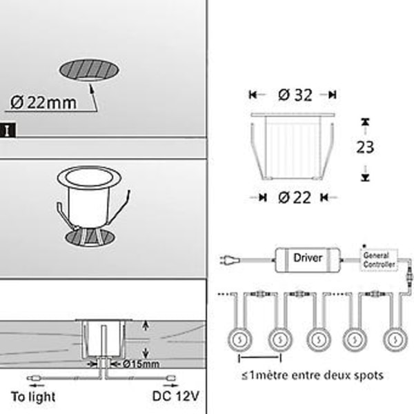 Pakke med 16 LED Nedfelt Spotlights for Treterrasse, Vanntett IP67, Utendørs Nedfelt Spotlights, 0.6W DC12V, Hvitt Lys, Mini Lampe Kit for Sti