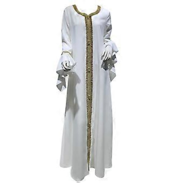 Løstsiddende Dubai Casual Kaftan Robe med Broderi Muslimsk Kjole Abaya til Kvinder (M Hvid)