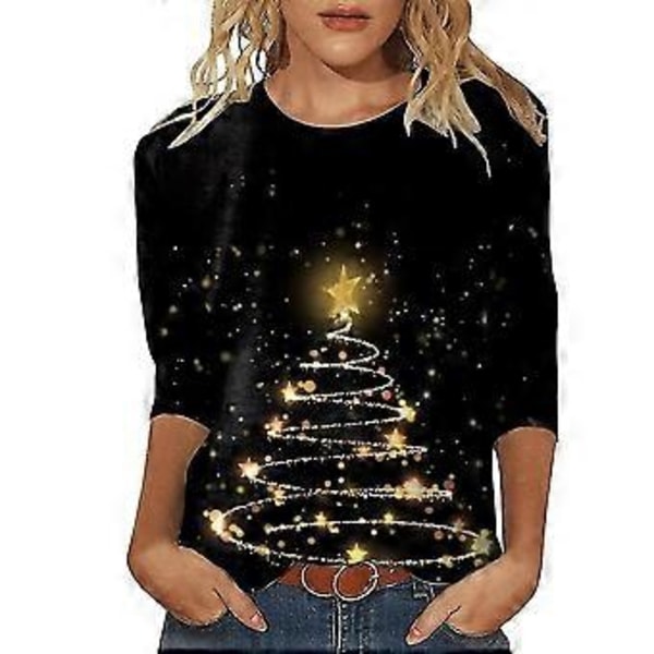 Dam Jultema Tryckt T-shirt Trekvartsärmad Tröja Rund Hals Jul Ledig Blus Toppar (M A)