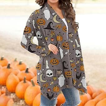 Langærmede cardigans til kvinder, jakker i medium længde, åben front, langærmet Halloween-mønstertoppe til daglig brug, uden knapper