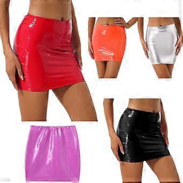 Sexiga glansiga lackminikjolar för damer, enfärgad elastisk midjeband pennkjol, blank våtlook latexkjol klubbkläder (S fluorescerande grön)