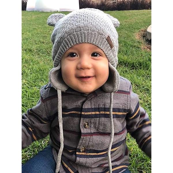 （L, 6-12 måneder）Baby Hat Sød Bjørn Toddler Ørevarmer Hue Varm til