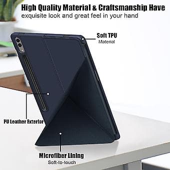 Multi-folding lærtablettveske for Samsung Galaxy Tab S9 (Mørk blå)