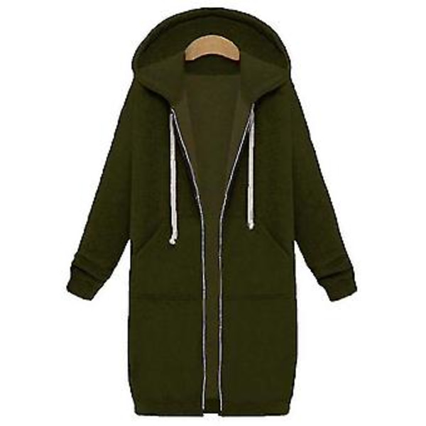 Afslappet Kvinders Lange Hoodies Sweatshirt Frakke Lynlås Yderbeklædning Hættejakke Yderbeklædning Toppe-b (L Hærgrøn)