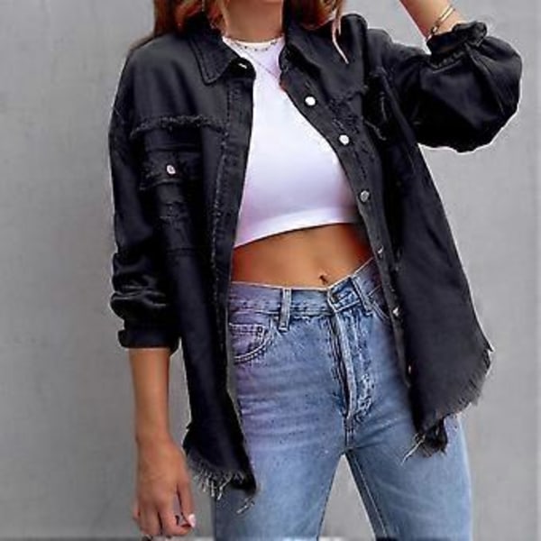 Løs Rippet Denimjakke Holdbar Vellavet Hudvenlig Blazer Til Forår Sommer Efterår Daglig Brug (L Sort)