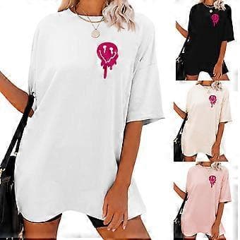Dam Letter Graphic Print Tee Top Oversize Tröja med Nedhasad Axel Kortärmad T-shirt Pullover Blus Casual Lös Pullover Vit L(L Vit)