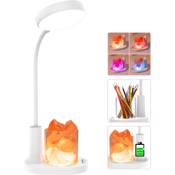 Børne skrivebordslampe, bordlampe med Himalaya salt, automatisk farveskiftende sengelampe, med penneholder, D