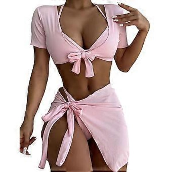 Dame Bikini Slank Strandtøj Sæt Sexet Lille Bryst Badedragt Samlet Wrap Svømme Badedragt med Overtræk Pink S(S Pink)