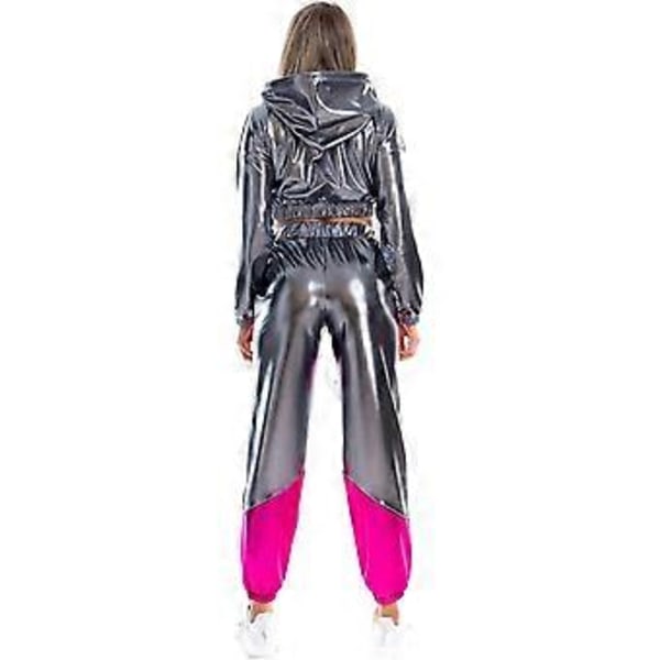 Rave-outfit för damer, glänsande crop top-hoodie, metalliska vardagsbyxor, huvtröja, träningssweatshirt, discodans-klubbkläder (XX-Large Grå)