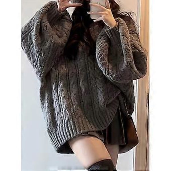Höst och vinter V-ringad tröja mjuk twist pullover lös lyktärm stor stickad tröja topp (grå)