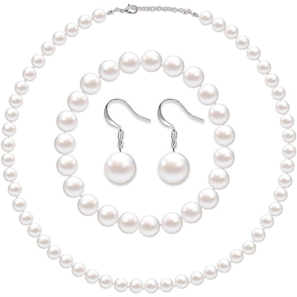 Faux Pearl Smykkesæt Simuleret Perlekæde Armbånd Øreringe