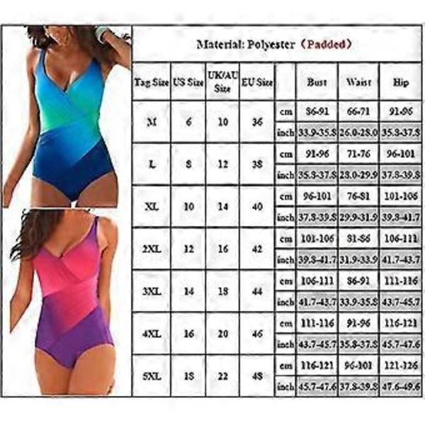 Plus Size Dame Gradient/ensfarget Hel Badedrakt Sommer Strand Monokini Bodysuit Badeklær (3XL Gradient Blå)
