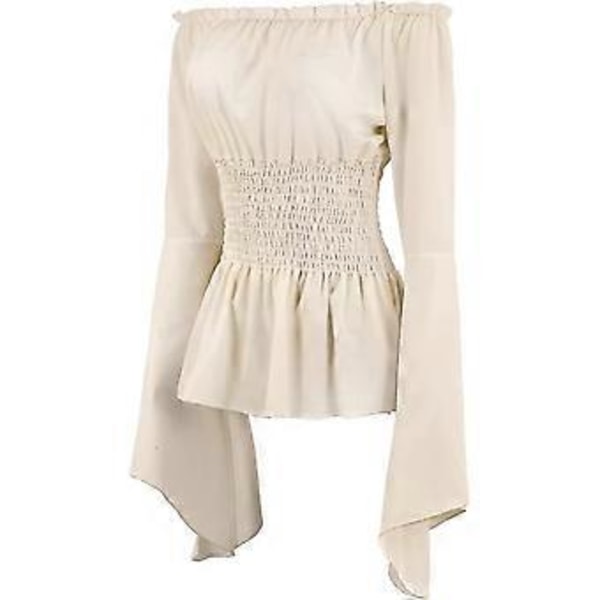 Ny Kvinners Renaissance Bluse Topper Korsett Midje Belte Middelaldersk Victorian Off Shoulder Lang Ermet Skjorte Pirate Cosplay Kostymer Rask 2023 (Medium Beige)