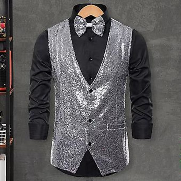 Väst för män, scenframträdande, konferencier, glittrande paljetter, slim fit, V-ringad, ärmlös, enkelknäppt, med rosett (L svart)