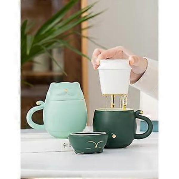 Söt Katt Tekopp med Infuser Lyckokatt Kaffe Mugg med Lock Keramik Mugg för Kattälskare 300 ml (Mintgrön)
